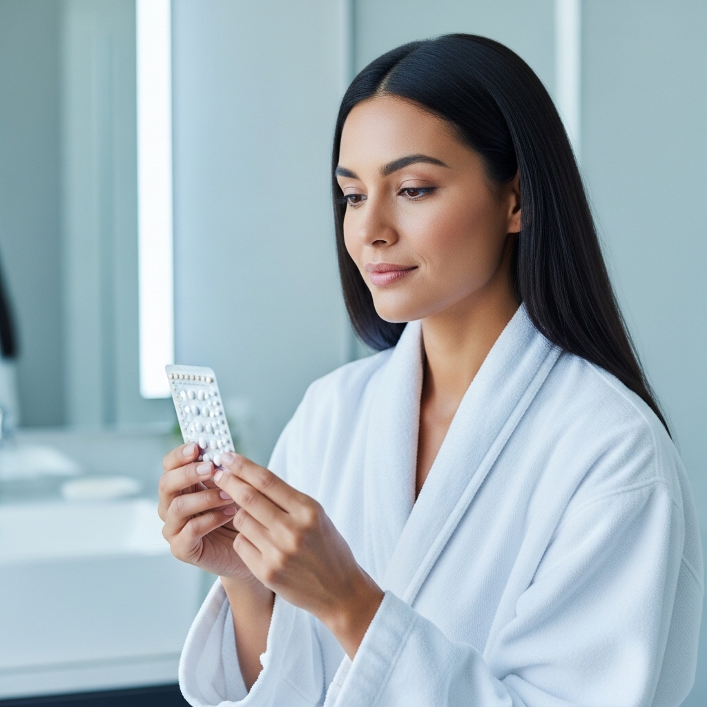 경구피임약을 손에 들고 차분하게 고민하는 여성의 모습. 여성의 건강과 현명한 선택을 상징합니다.