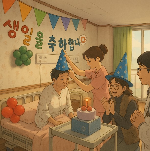 생일 모자를 씌워드리는 가족과 엄마