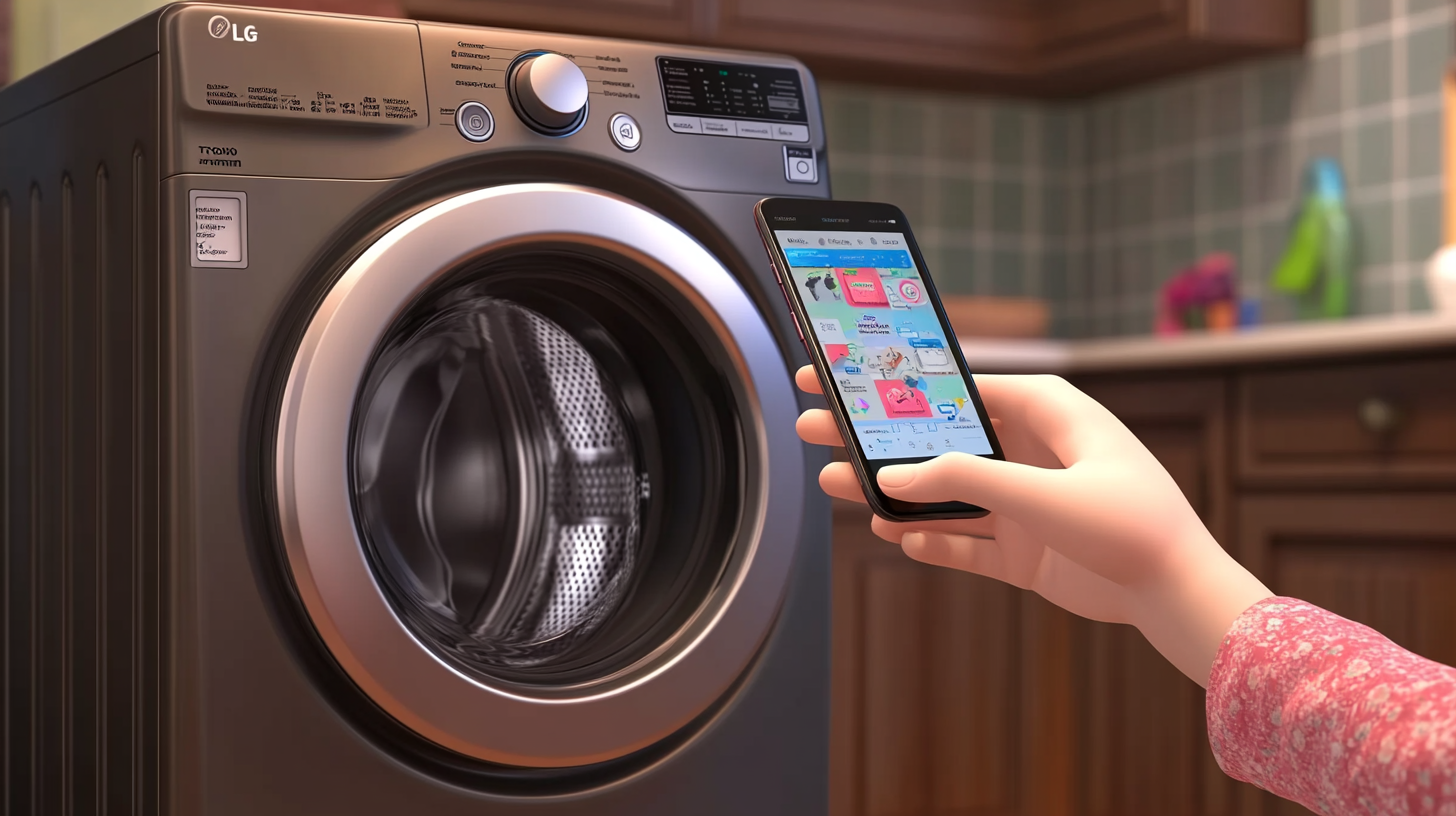 스마트폰의 스마트 씽큐 앱을 사용해 LG 트롬 세탁기를 제어하는 사용자, 명확하게 표시된 인터페이스와 일반 가정 배경, 따뜻한 조명의 장면