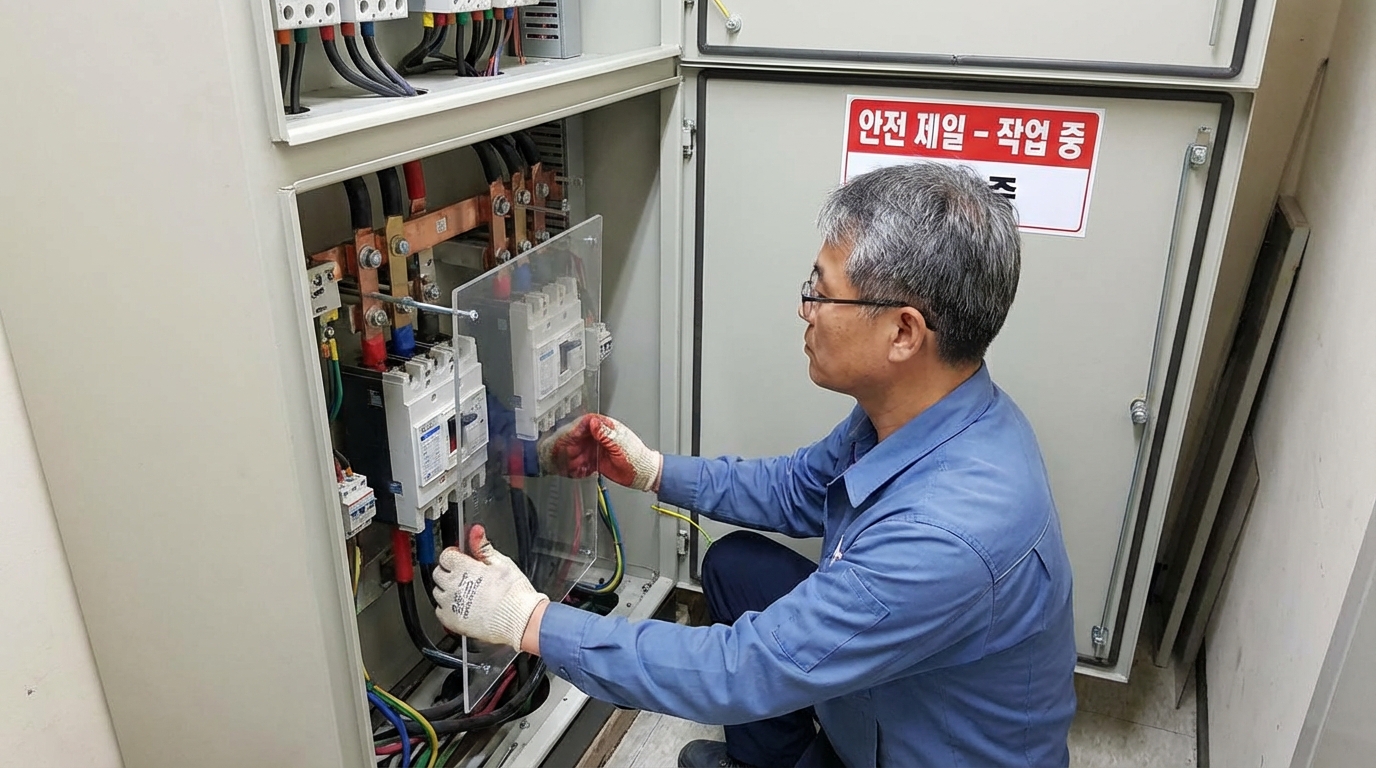 전기 분전함 내부에 투명한 아크릴판을 설치하고 있는 모습