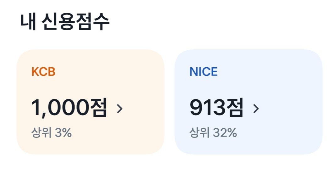KCB는 1,000점, NICE는 913점을 보여주는 신용점수