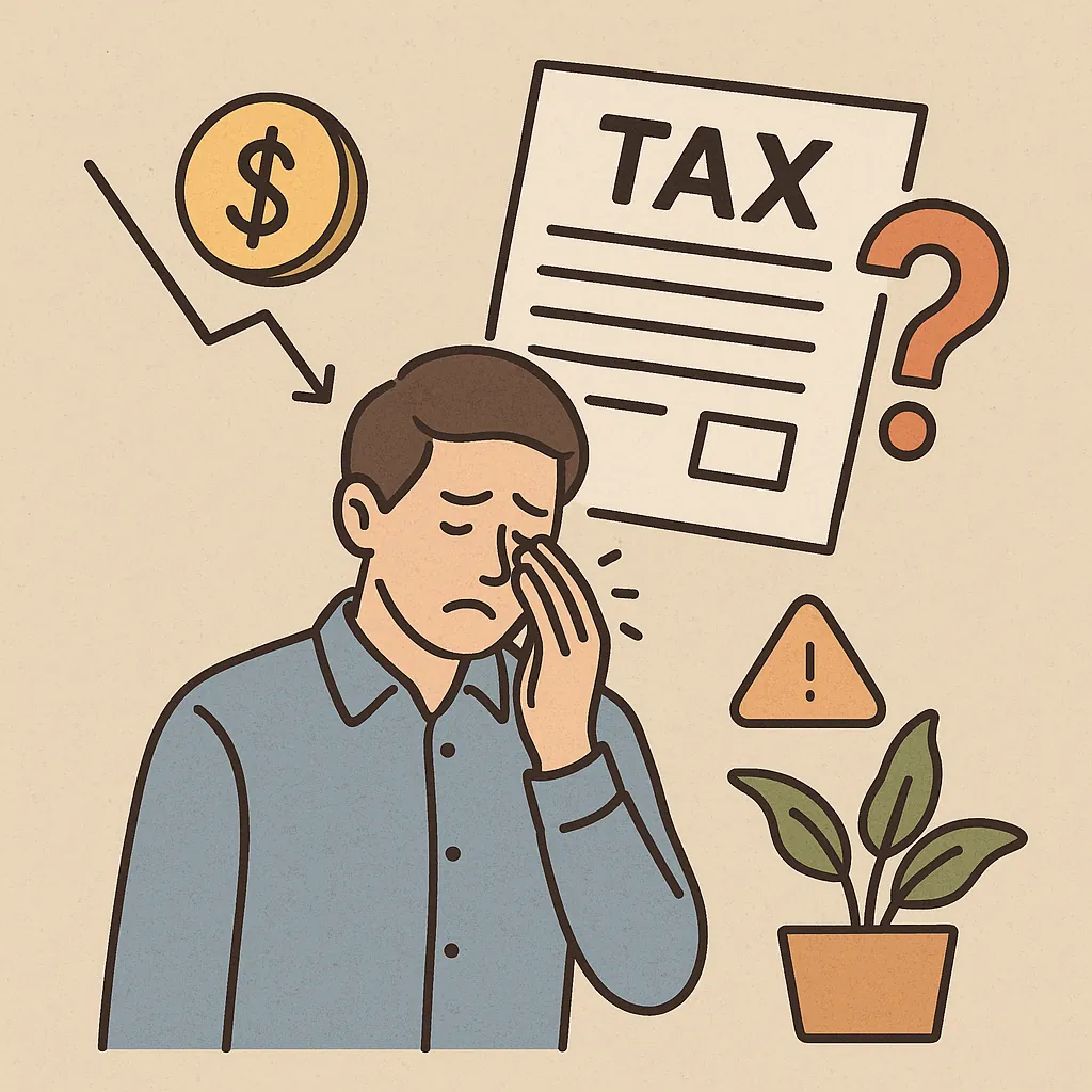 연말정산을-하지-않고-넘겼을-때-손해일-수-있는-상황을-고민하는-사람과-세금서류를-표현한-일러스트