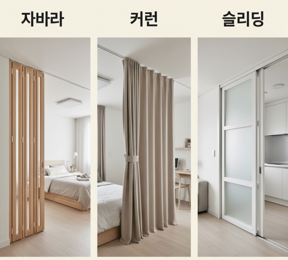 원룸 자취방, 공사 없이 완성하는 '가성비 중문' 종결 가이드 (자바라, 커튼, 슬라이딩 완벽 비교)