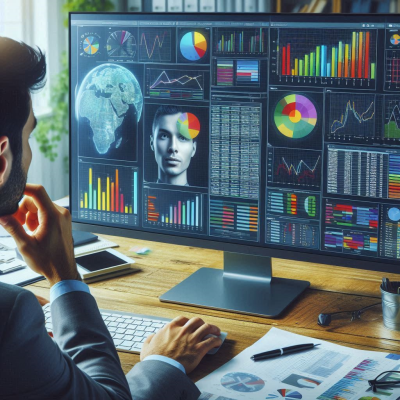 그래프와 차트를 분석하는 남성, 데이터 분석 화면이 표시된 모니터