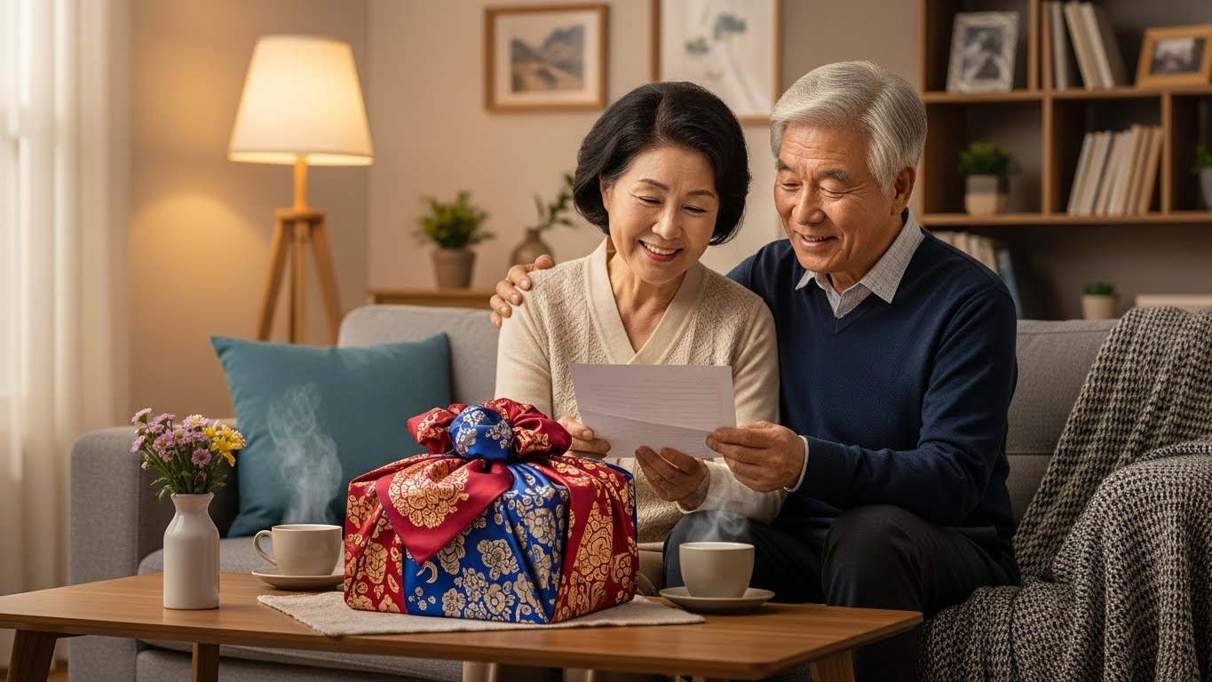 설날 부모님 용돈 봉투와 편지를 읽으시는 모습