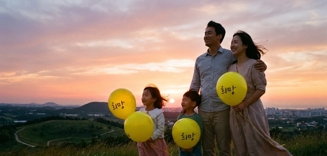 밝게 빛나는 해를 배경으로 '희망'이라고 적힌 풍선을 들고 있는 가족