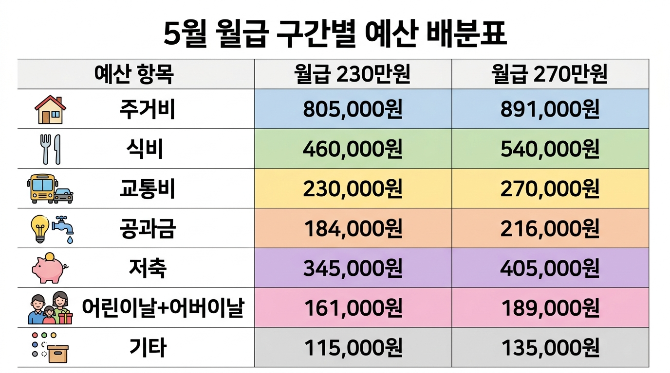 5월 월급 구간별 예산 배분표