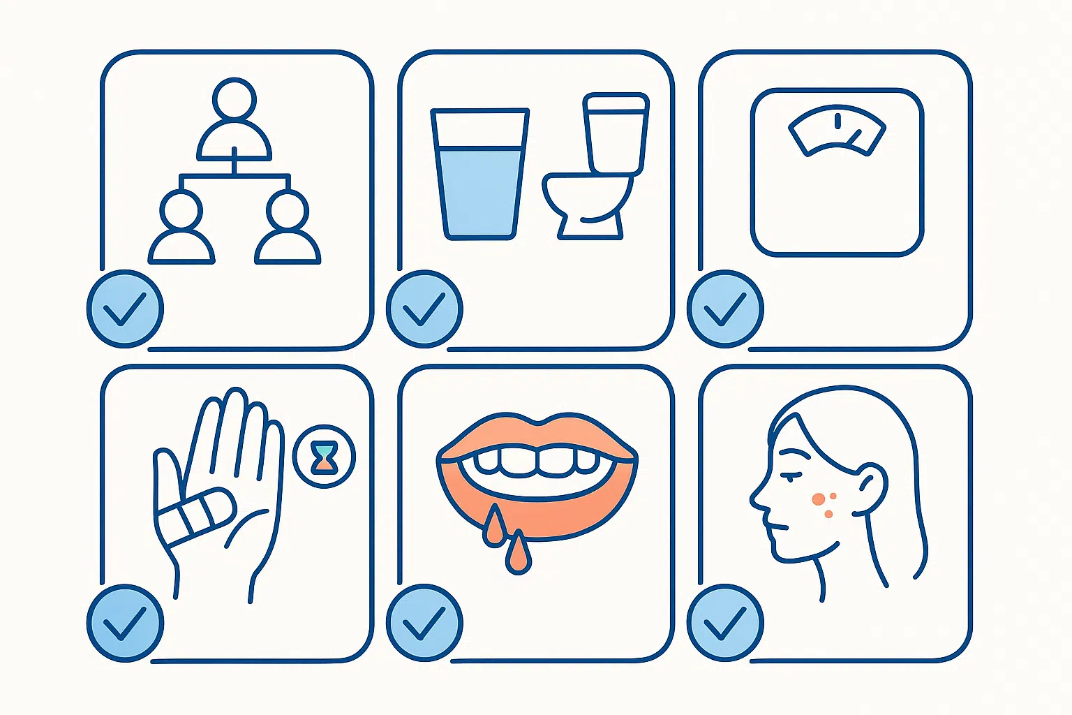 가족력 아이콘(가계도), 물컵과 화장실 아이콘, 체중계 아이콘, 상처 회복 느린 손 일러스트, 잇몸과 피부 트러블 아이콘