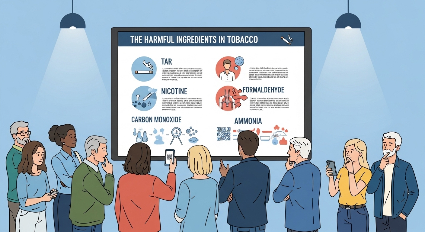 다양한 사람들이 디지털 화면이나 포스터를 통해 담배 유해성분 정보를 확인하며 현명한 선택을 준비하는 모습. 정보 접근성을 통한 대중의 건강 증진을 상징합니다.