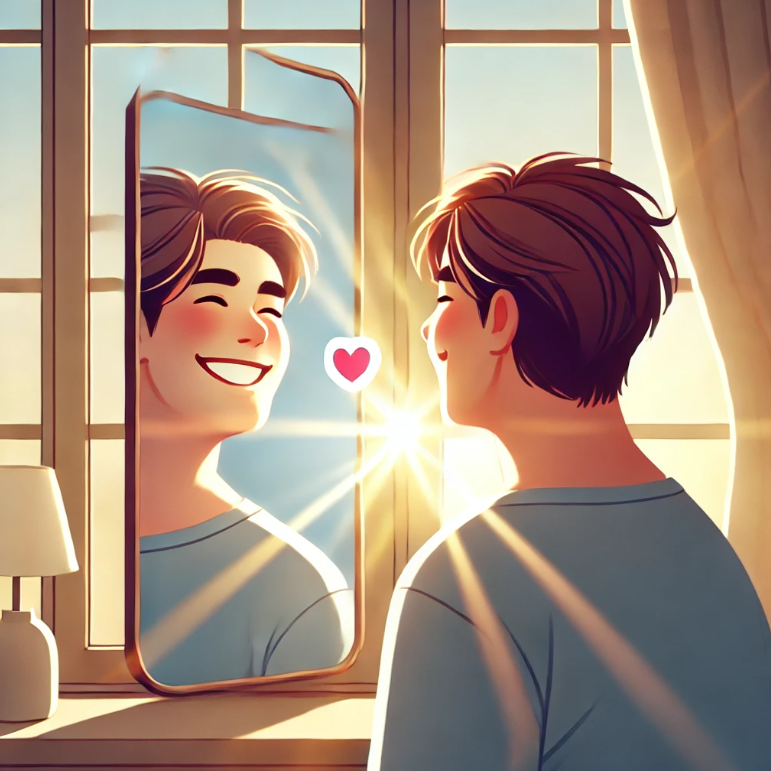 한 사람이 거울을 보며 미소 짓는 모습