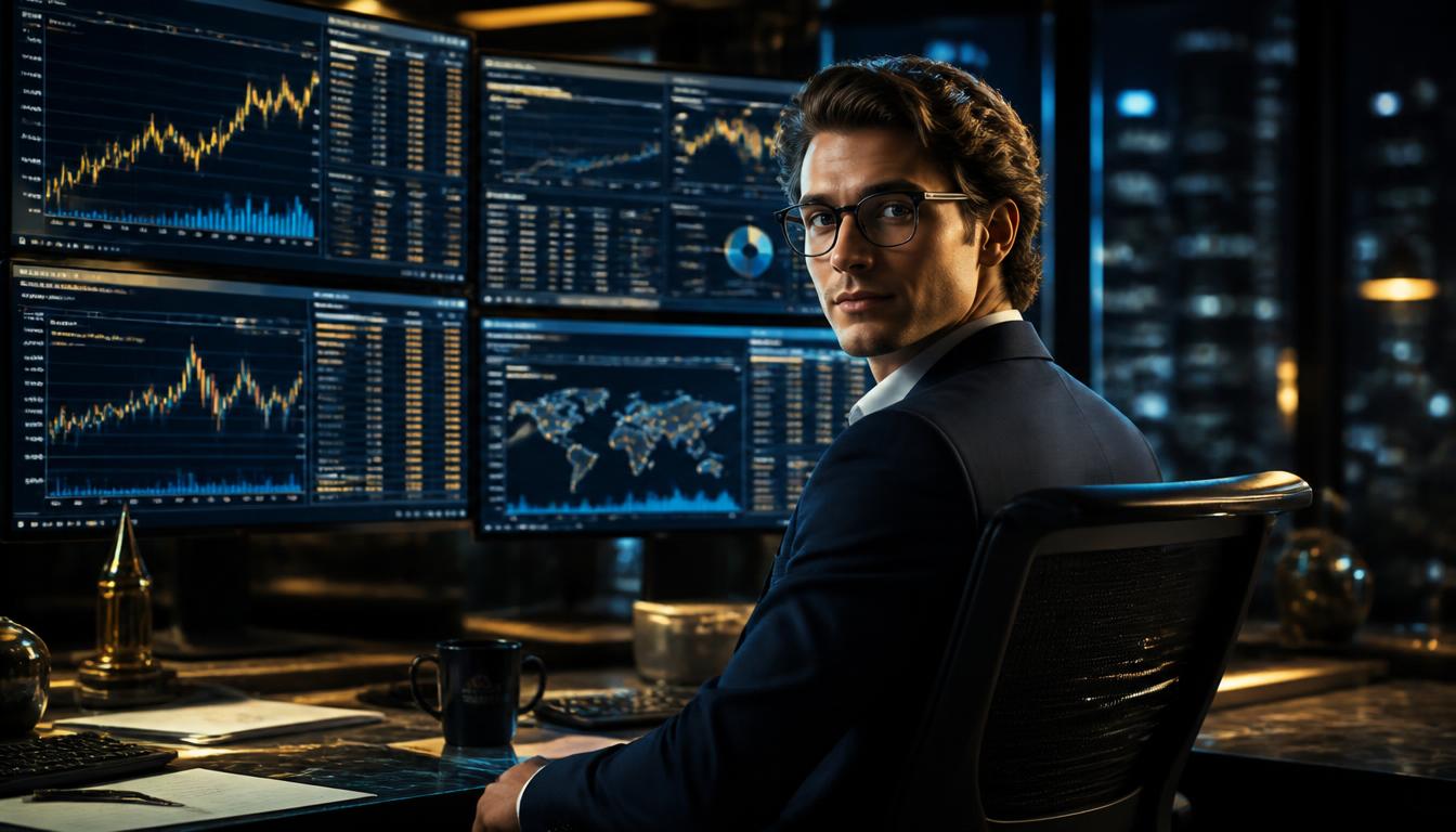 A young financial analyst working with complex market data on multiple screens in a dark modern office.