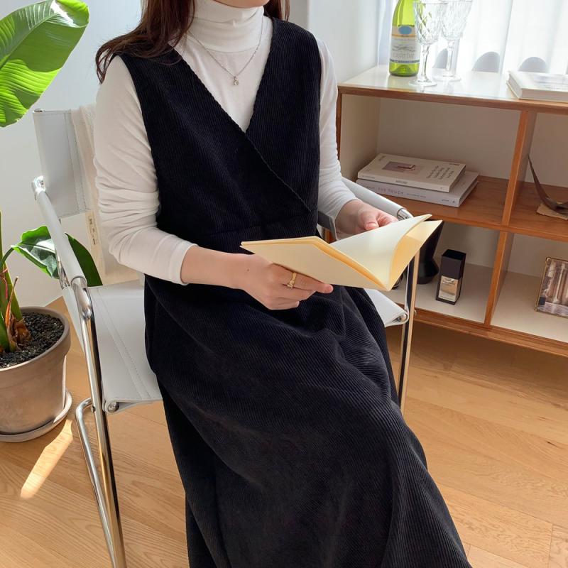 코듀로이 원피스 골덴 조끼 브이넥 민소매 겨울 롱원피스 레이어드 빅사이즈원피스 블랙