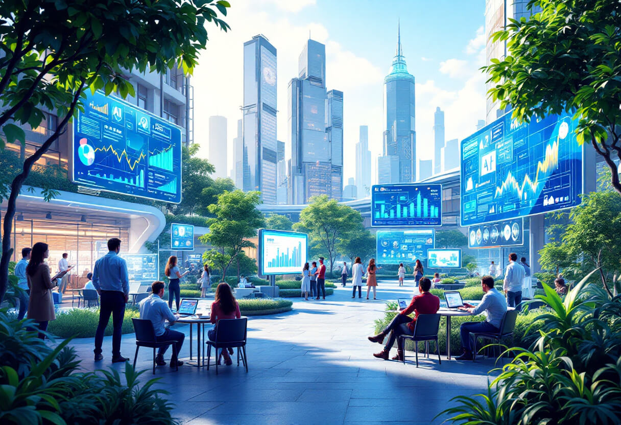 현대적인 도시 한가운데에 위치한 AI 혁신 단지. 연구자와 시민들이 대형 디지털 스크린 앞에서 AI 응용 기술과 관련된 데이터를 분석하고 있습니다. 초록빛 가득한 친환경 공간과 현대적인 건축물이 어우러져 지속 가능한 개발을 상징합니다