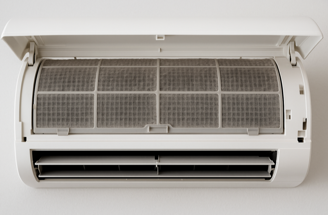먼지가 쌓인 벽걸이형 에어컨 필터 이밎, 에어컨 필터 청소의 중요성을 보여주는 사진