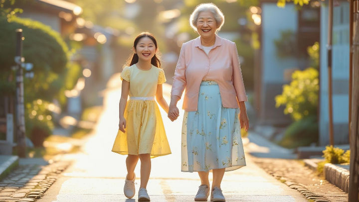 할머니와 손녀가 밝게 웃으면서 손을 맞잡고 걸어가고 있는 모습