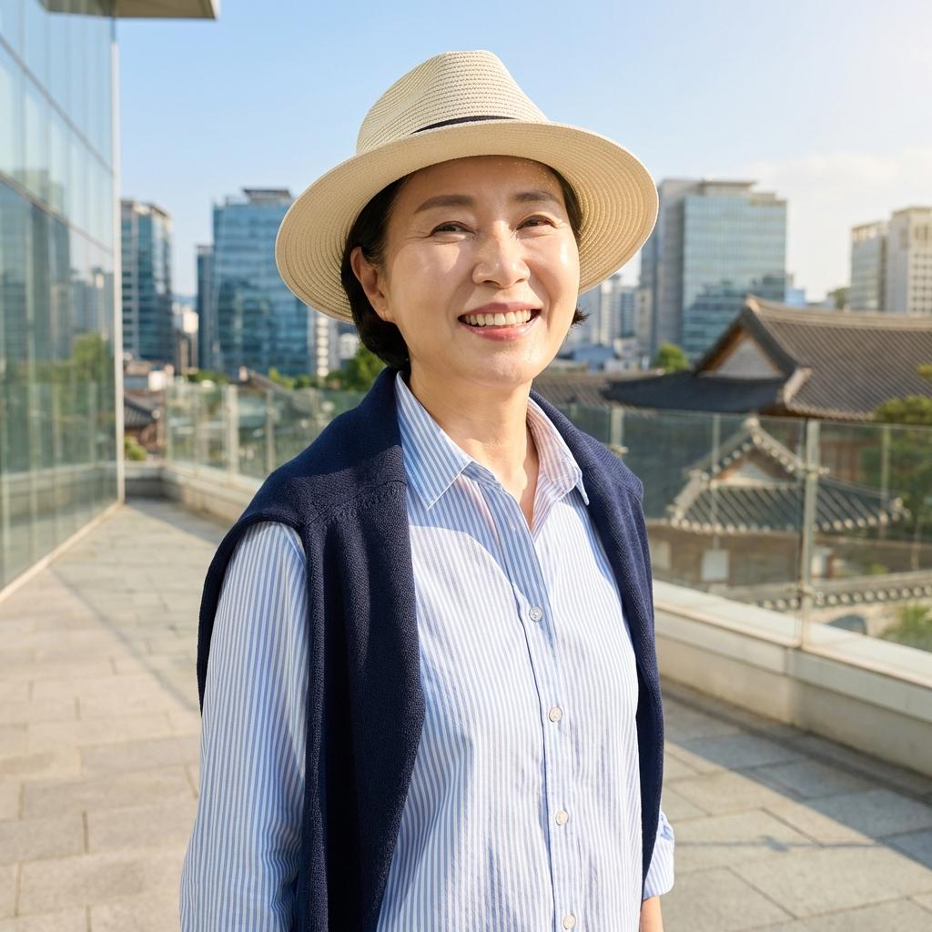 여행지에서 인생샷 남기는 60대 블루 셔츠 코디와 소품 활용