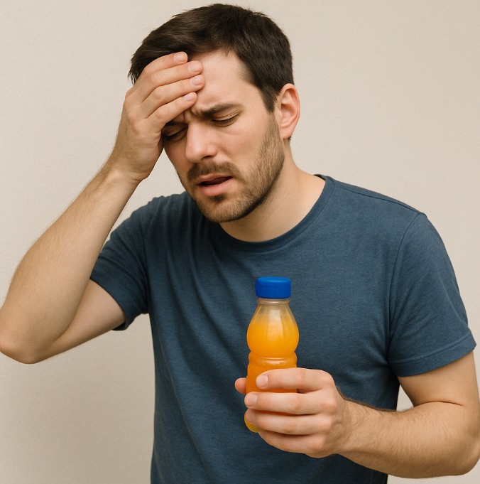 저혈당 증상으로 어지러움을 느끼는 남성의 손에 주스가 들려있다
