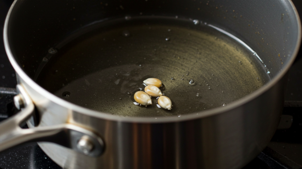 두꺼운 냄비에 코코넛 오일이 들어가 중불에 달궈지고 있는 모습