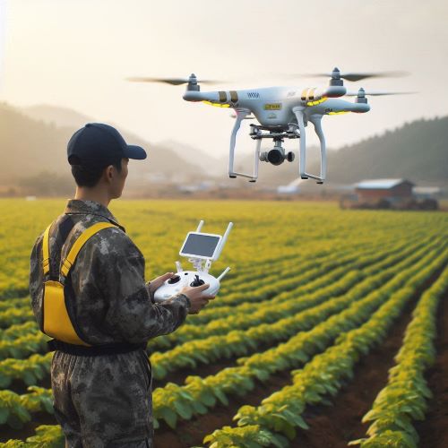 들판의 식물 위에 드론이 떠 있다. 농업드론방제사가 무선 조종기로 농업용 드론을 조종하고 있다.