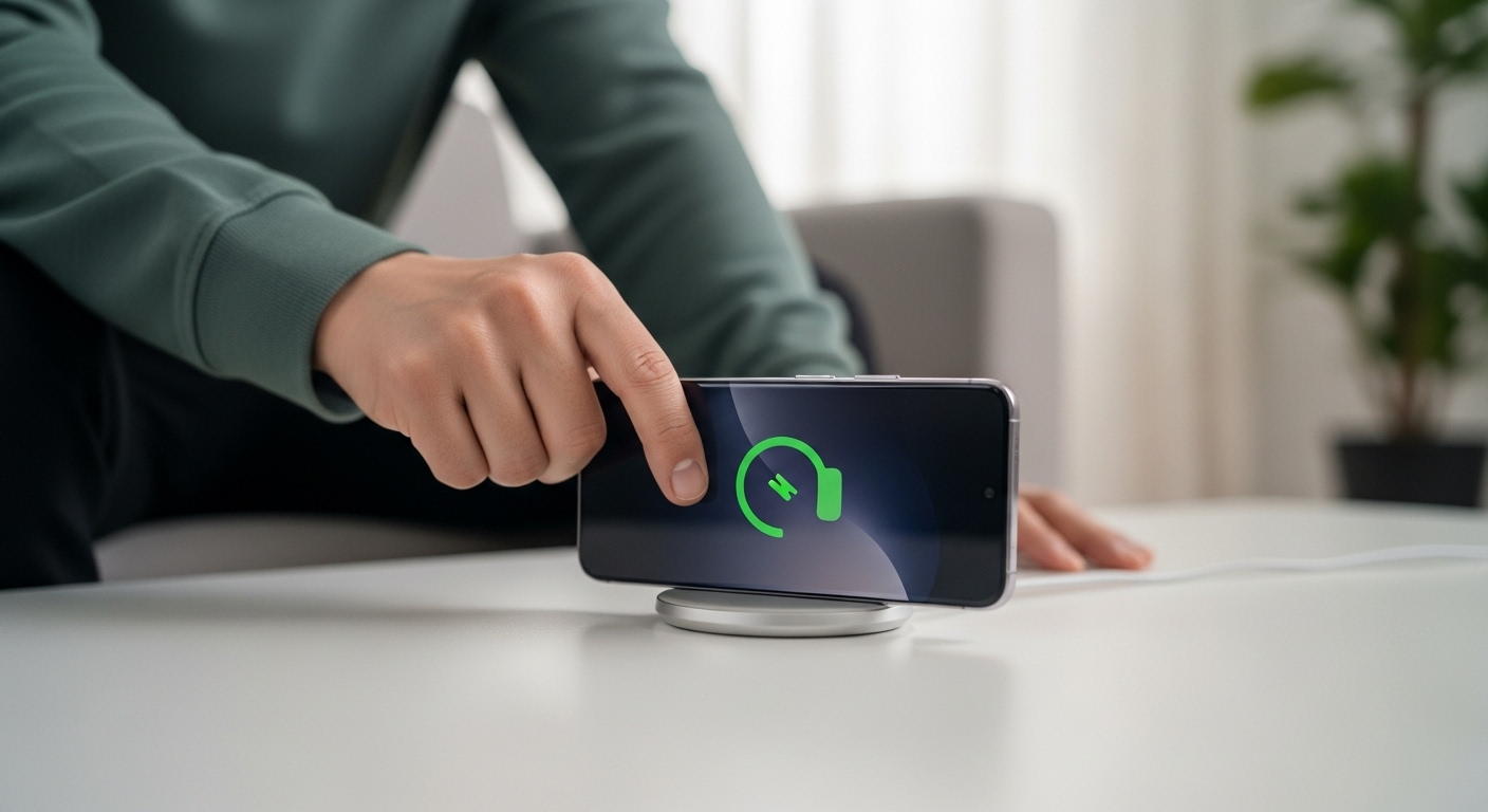 한국 남성이 갤럭시 S26을 Qi2 무선 충전 패드에 올려놓자 자석으로 '착'하고 붙으며 충전이 시작되는 모습. 편리하고 정확한 Qi2 자석 정렬 기능을 보여준다.