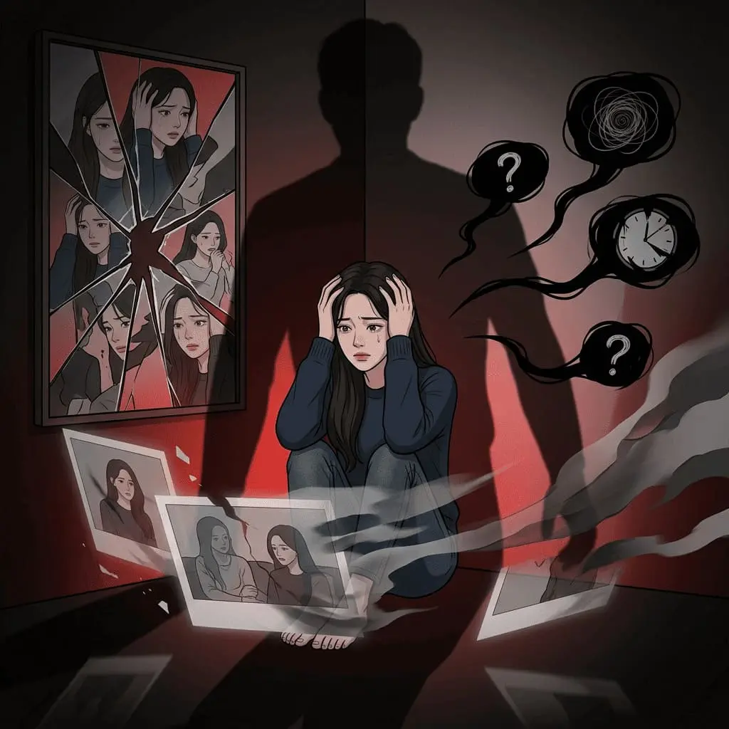 가스라이팅 관계(Gaslighting Relationship)에서 여자가 기억과 감정을 의심하며 혼란에 빠진 심리 장면