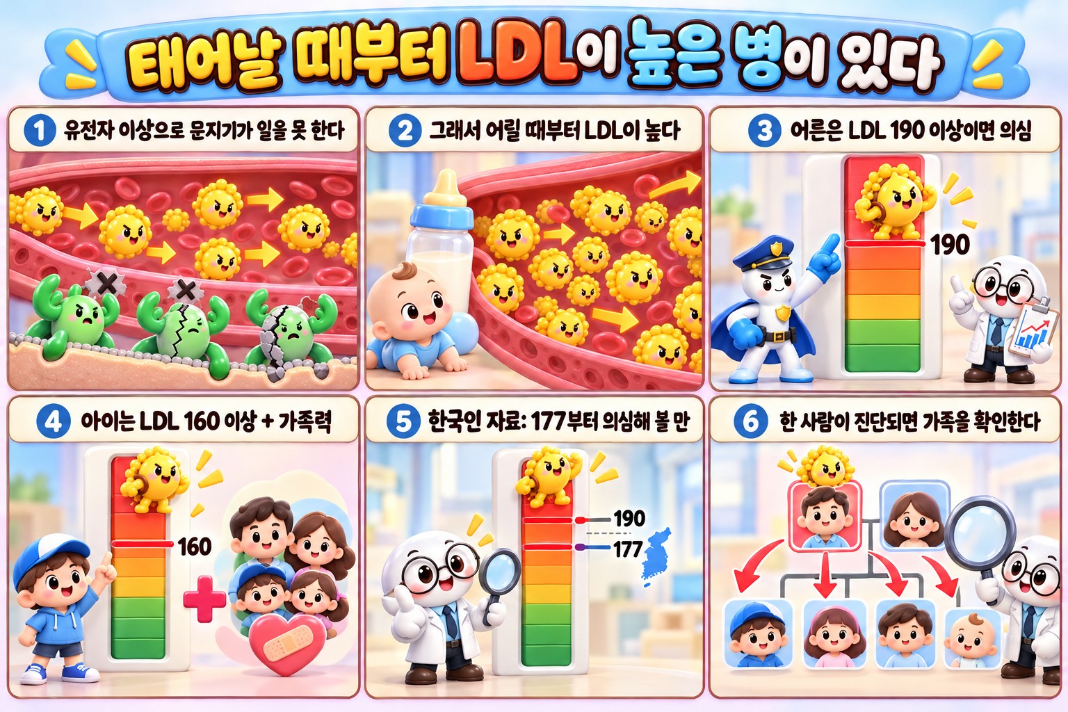 가족성 고콜레스테롤혈증의 원인과 의심 기준을 6칸으로 그린 설명 만화