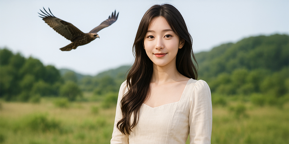 날아가는 매를 배경으로 사진 찍고 있는 사람