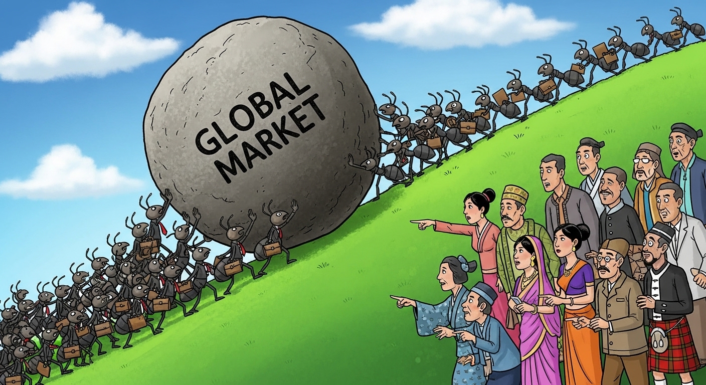 Illustration depicting an army of ants (retail investors) pushing up a giant rock, while foreigners watch from the side.