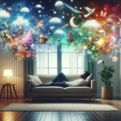 꿈의 상징들로 가득 찬 방과 그 위로 떠오르는 아름다운 꿈의 이미지들.