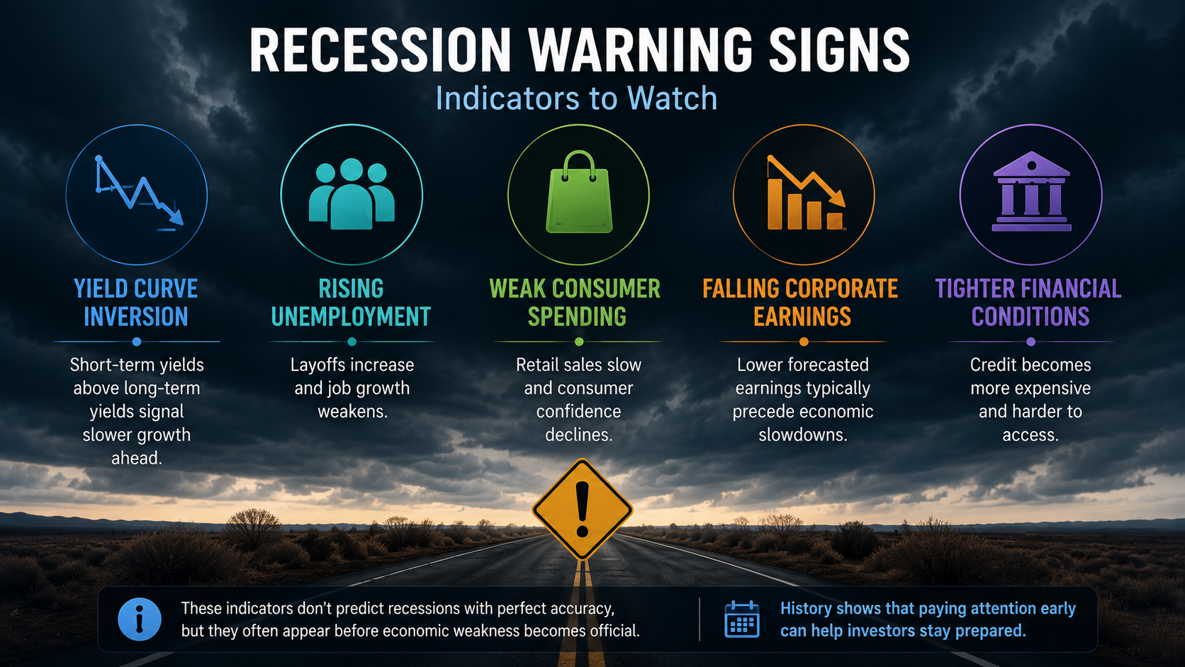 Investment infographic showing how stocks, bonds, the U.S. dollar, gold, real estate, and Bitcoin typically react during a recession.