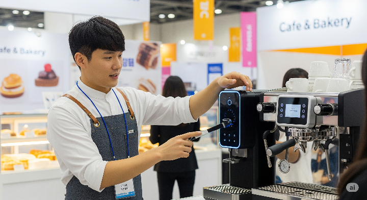 카페&amp;베이커리페어에서 최신 커피 머신을 시연하는 바리스타