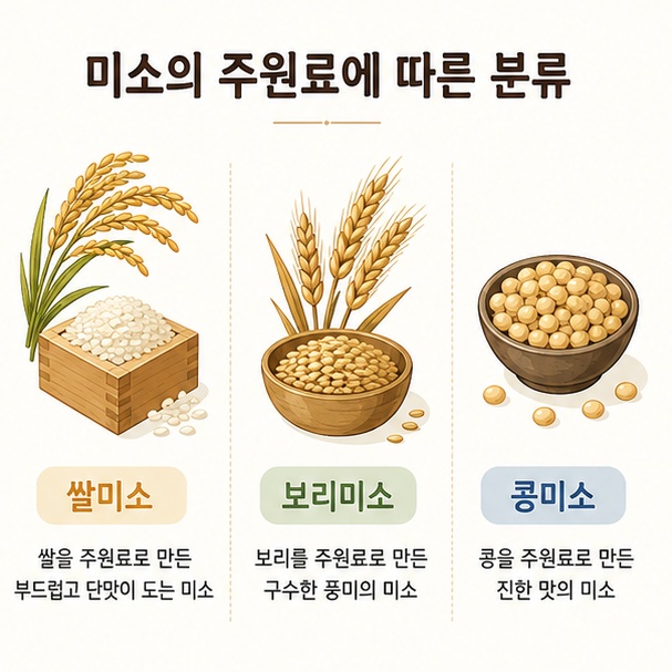 쌀코지와 보리코지, 콩코지에 따라 쌀미소와 보리미소, 콩미소로 나뉘는 것을 정리한 이미지