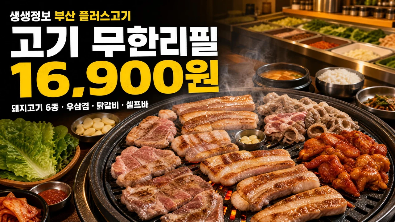 2TV 생생정보 부산 플러스고기의 돼지고기 우삼겹 닭갈비 무한리필 구성을 소개하는 이미지
