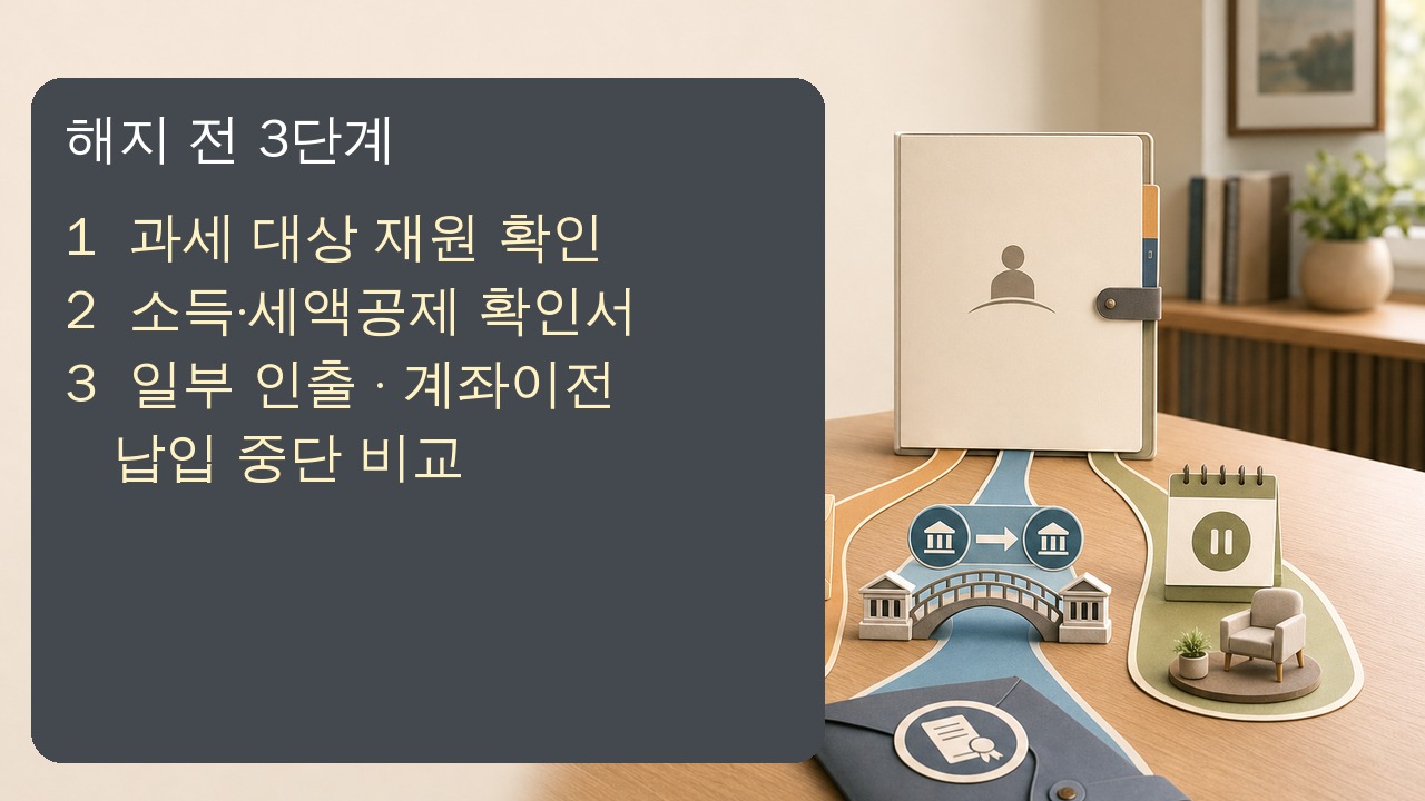 연금저축을 일부 인출, 계좌이전, 납입 중단으로 나눠 비교하고 확인서를 준비하는 장면