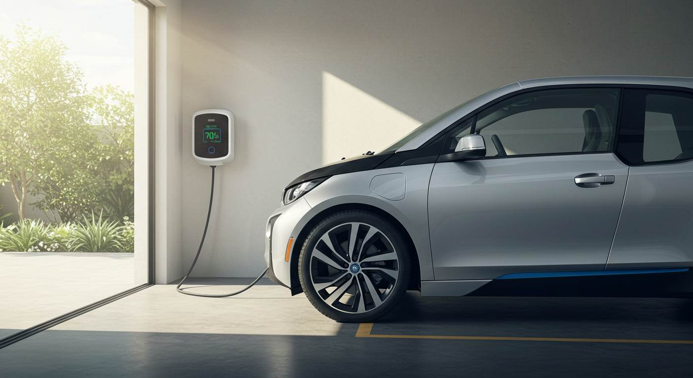 차고에서 충전 중인 전기차, 배터리 70% 표시, 전기차 배터리, 충전 습관, 배터리 수명 연장