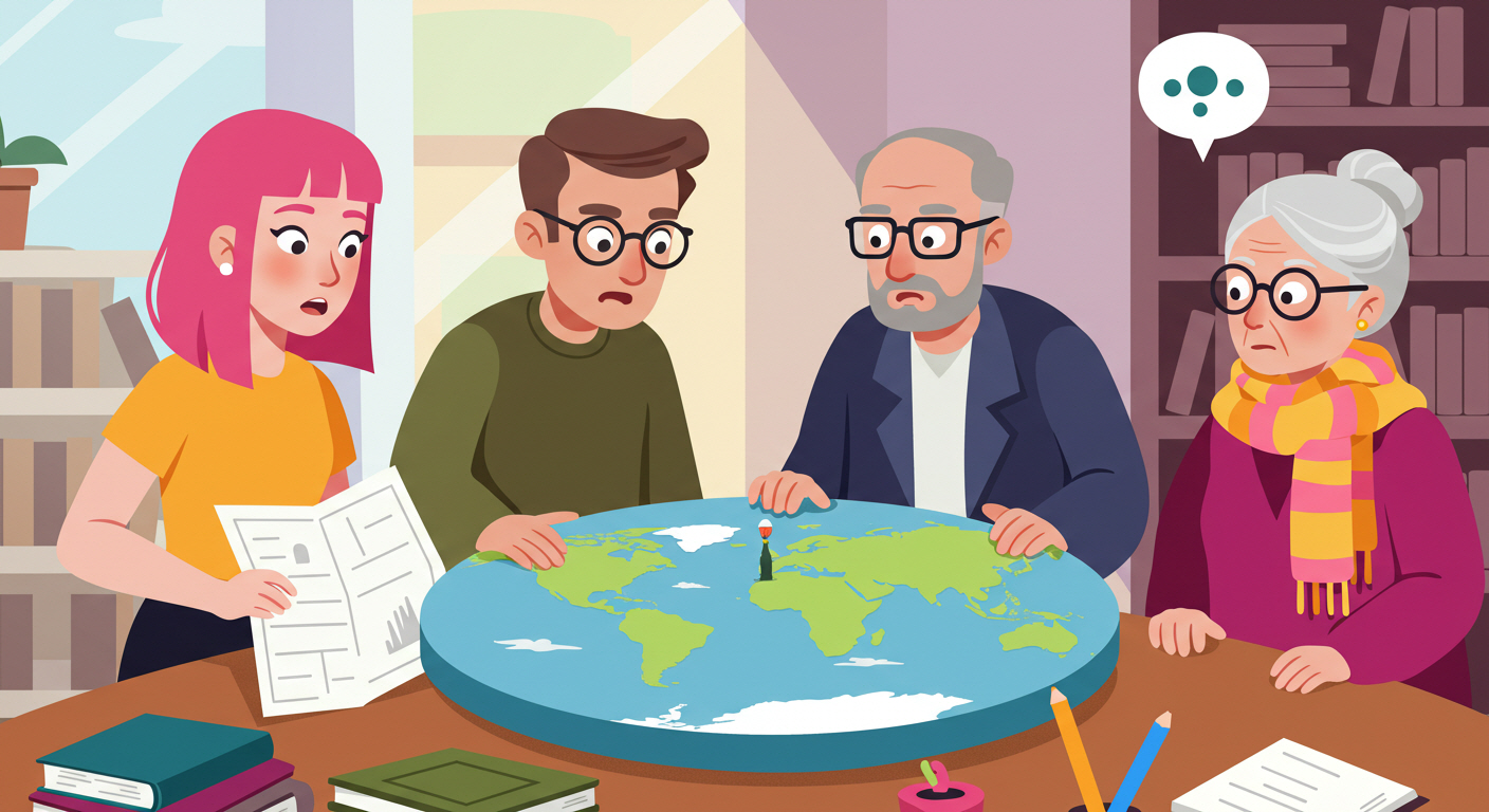 평면 지구를 가리키며 진지하게 토론하는 사람들 일러스트