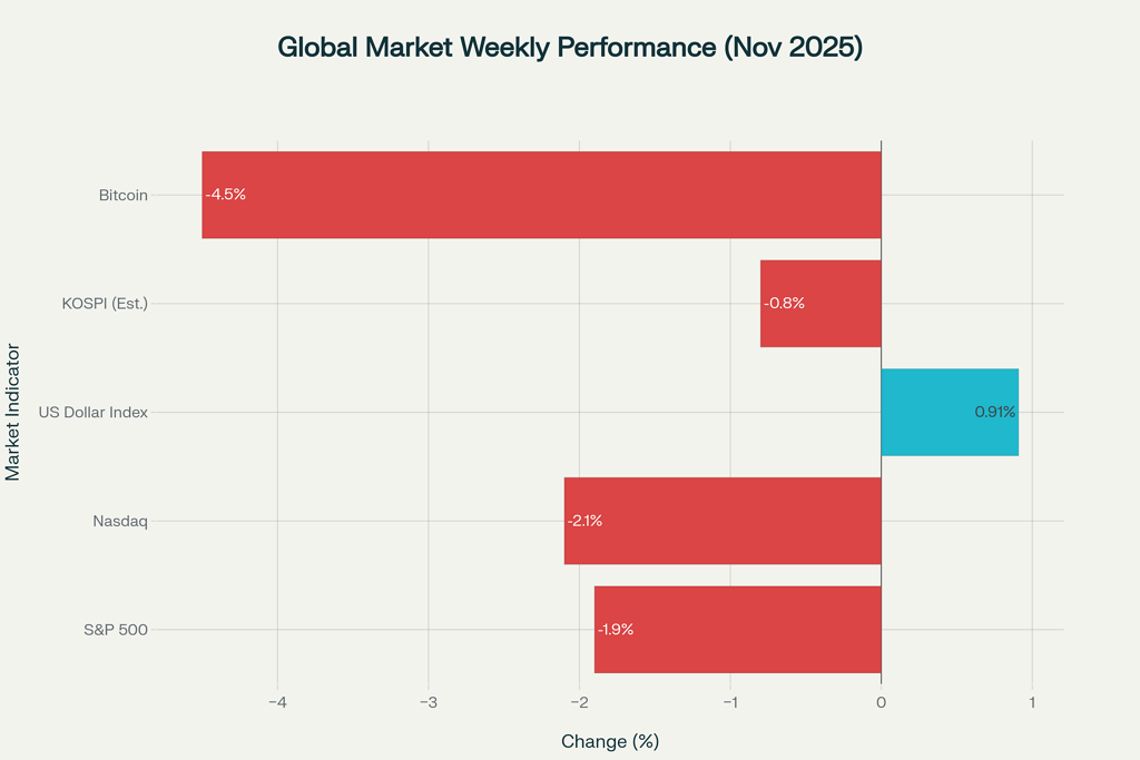2025년 11월 넷째 주 글로벌 증시 및 주요 지표 주간 변동률 (자료: 시장 데이터 종합)