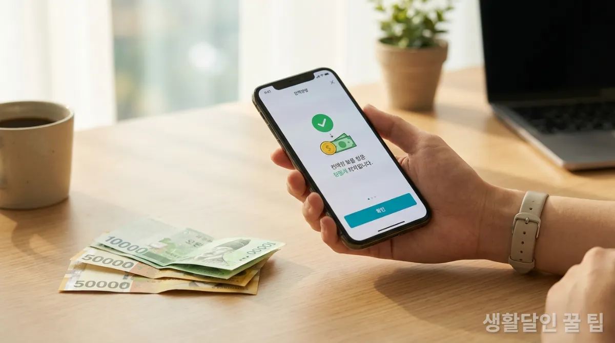 카드 포인트를 현금으로 전환하여 계좌에 입금된 것을 확인하는 한국인