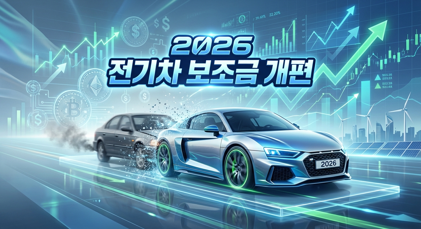 2026년 전기차 보조금 개편안 발표를 알리는 다이내믹한 이미지. 구형 내연기관차에서 신형 전기차로 전환되는 모습과 함께 보조금 혜택을 상징하는 요소들이 강조되어 있습니다.