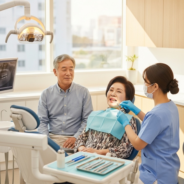 치주염과 전신 건강 연관성에 대해 상담을 받는 고령 환자