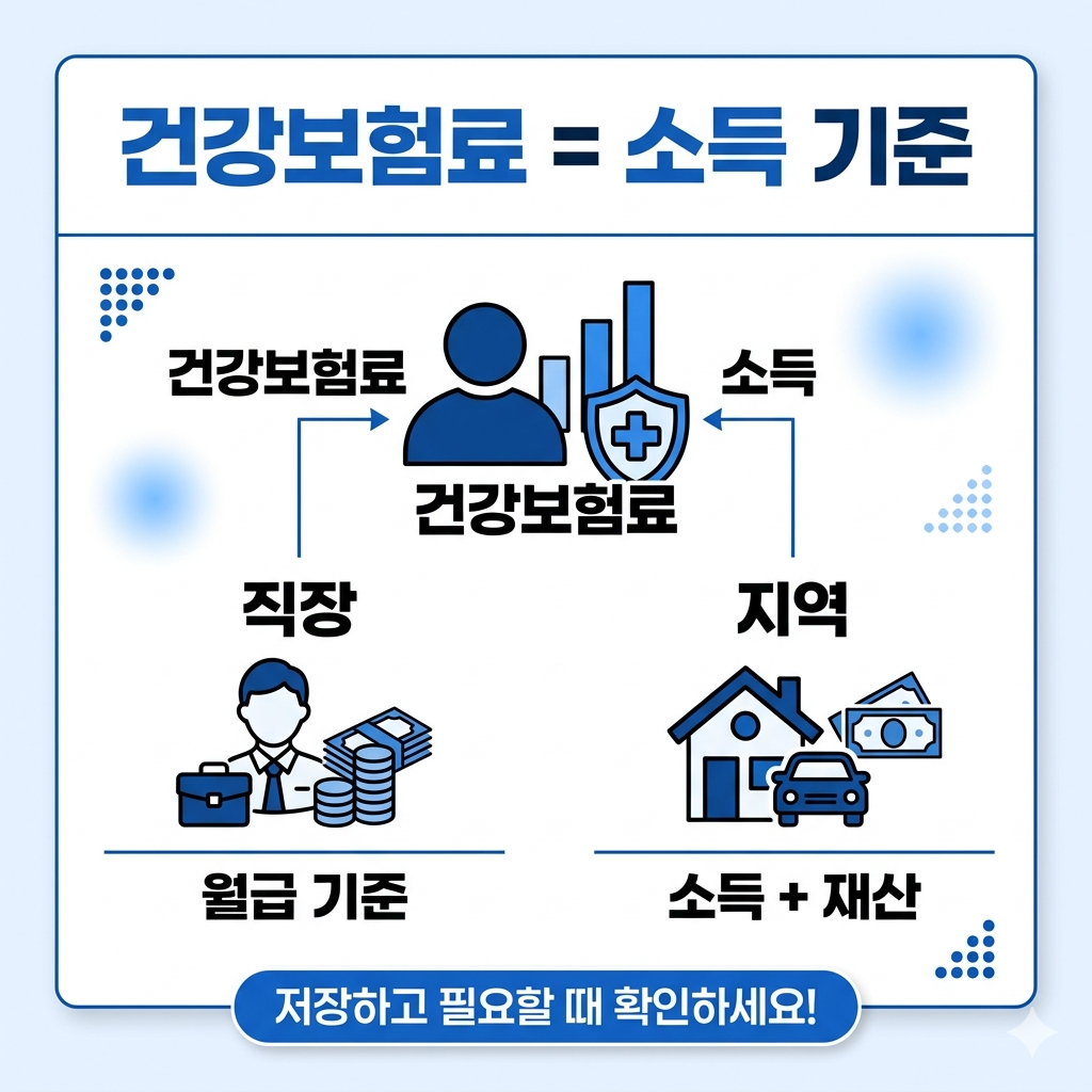 건강보험료 산정 기준 요약, 직장인 월급 기준 및 지역가입자 소득 재산 포함 산정 방식, 정부 지원금 판단 기준 안내 카드뉴스.