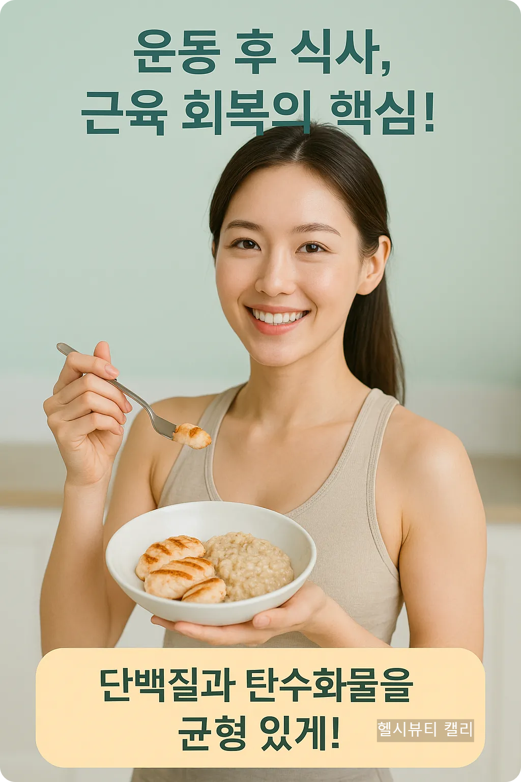 운동 후 닭가슴살과 오트밀 식사를 하는 20대 여성