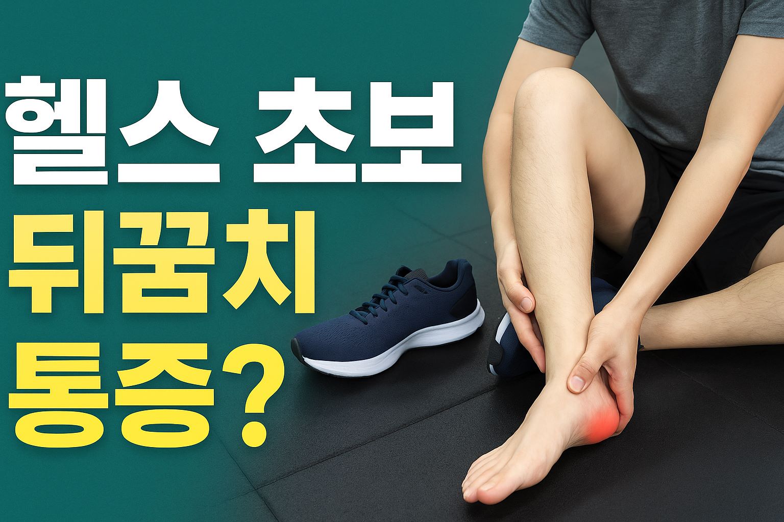 헬스 초보자가 운동 중 뒤꿈치 통증을 느끼며 족저근막염을 의심하는 상황을 묘사한 이미지. 한쪽 발을 잡고 있는 남성과 운동화가 함께 등장.