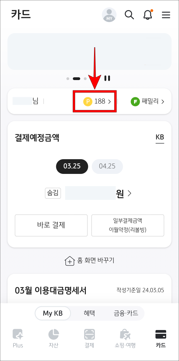 KB Pay의 카드탭에서 포인트를 선택