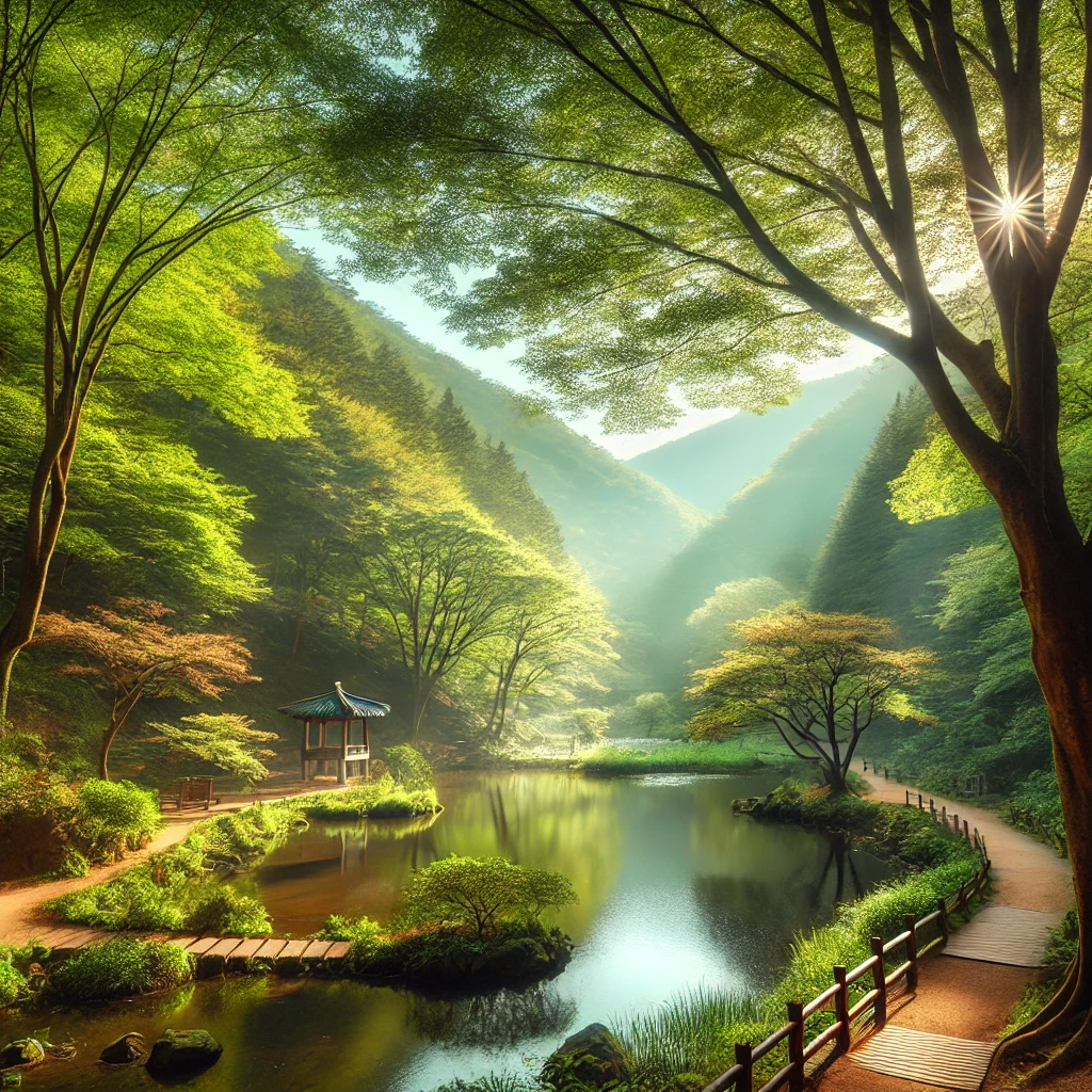 초가을의 화담숲, 푸른 나무와 고요한 산책로가 평화로운 분위기를 자아내는 풍경