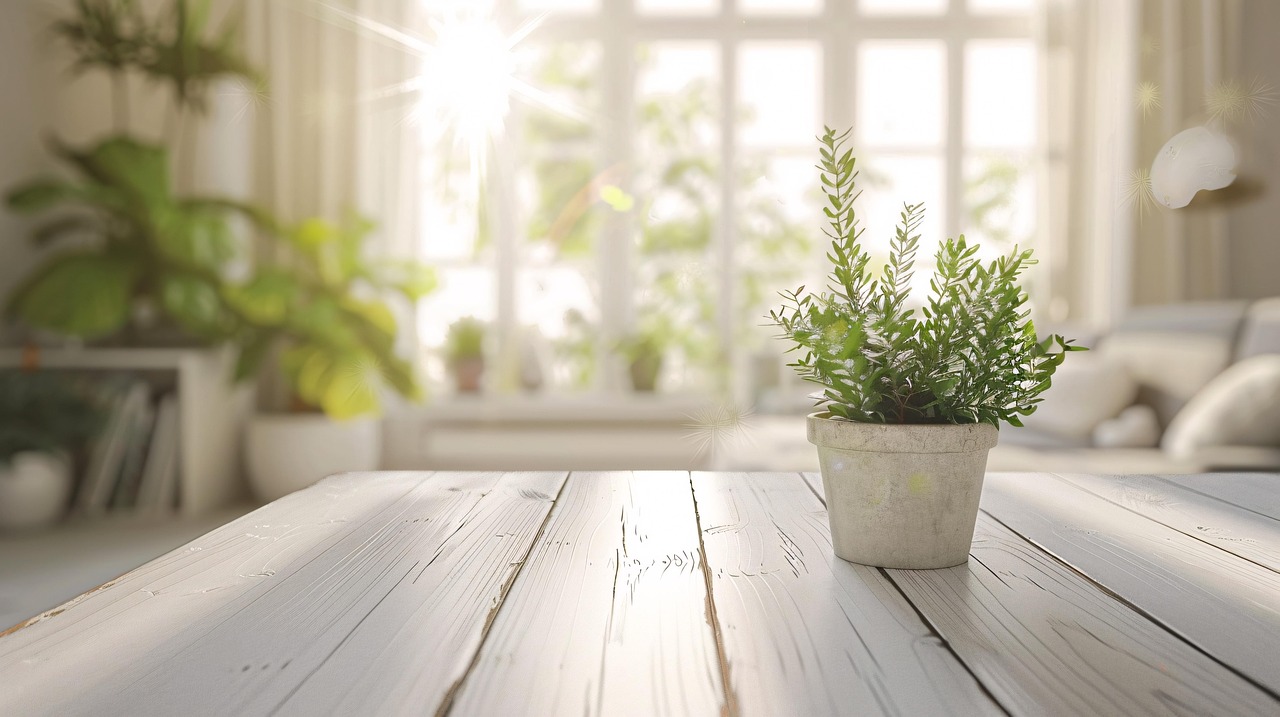 햇빛이 들어오는 거실 창가에 다양한 식물 화분들이 놓여있다.