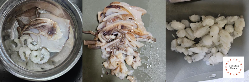 오징어와 새우살 해동 후 썰어서 준비