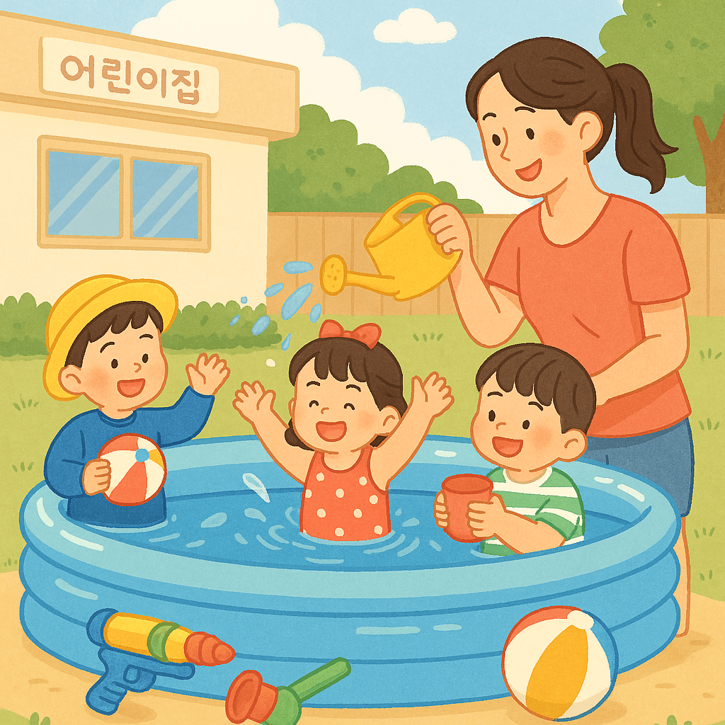 어린이집에서의 물놀이를 함께 하는 교사