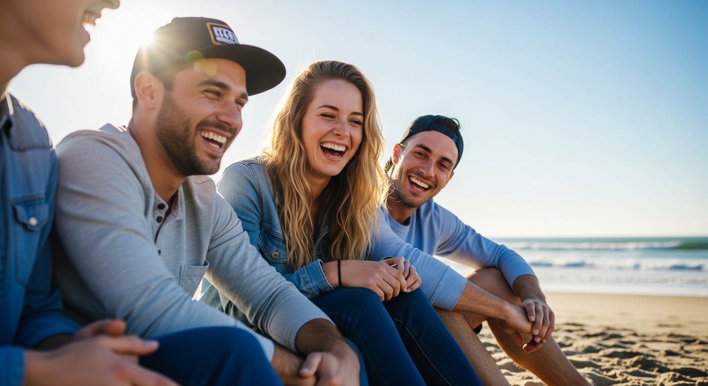 Friends laughing simply but happily on the beach.