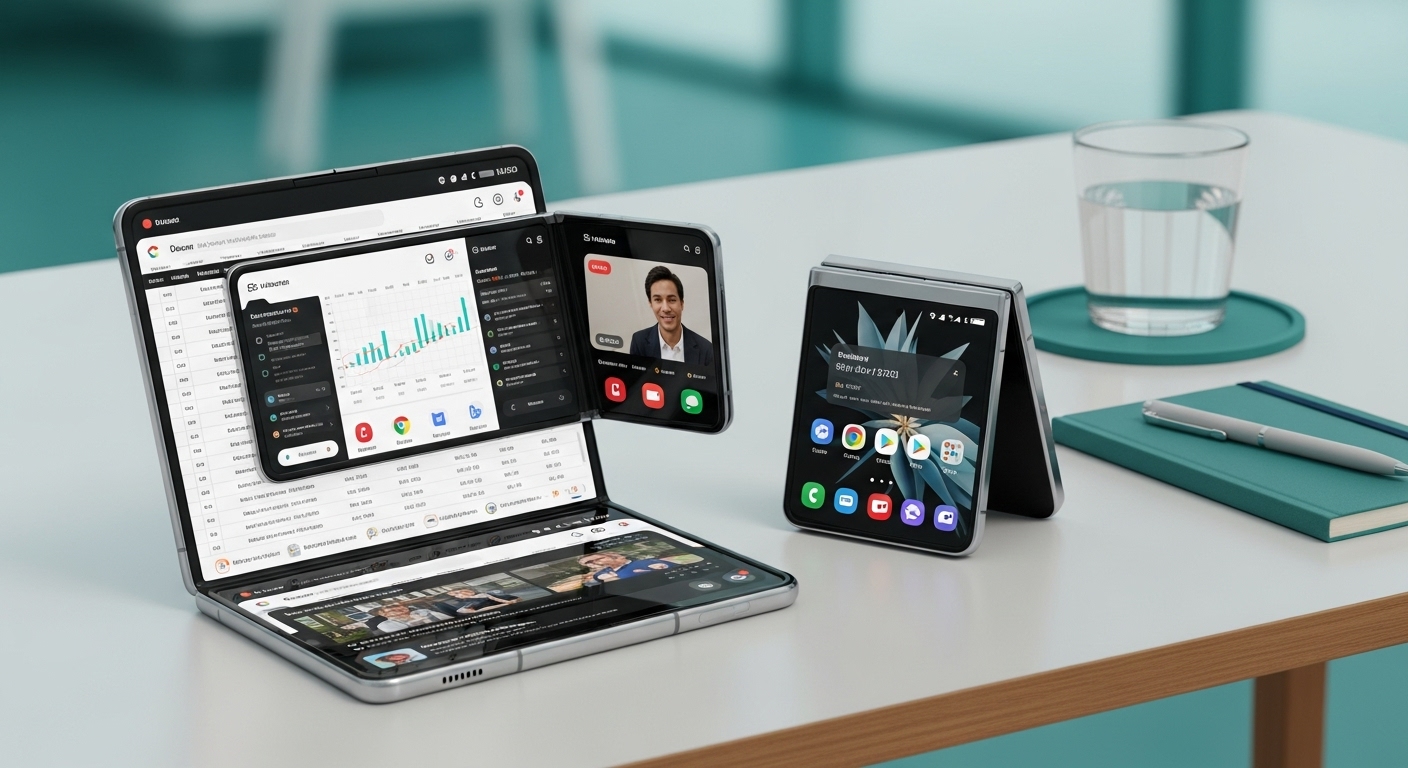 갤럭시 Z폴드7의 생산성 높은 멀티태스킹 화면과 갤럭시 Z플립7의 세련된 디자인을 보여주는 이미지.